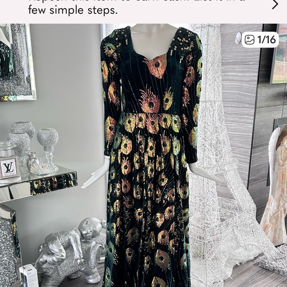 Formal Black Velvet Sequinned Feather Maxi Dress.